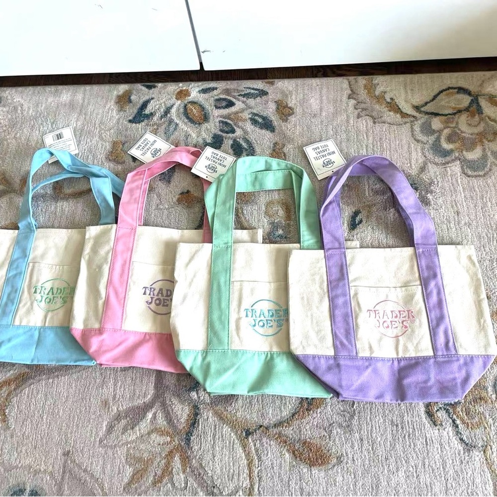 4x Trader Joe’s mini Canvas blue pink green purple shopping tote …